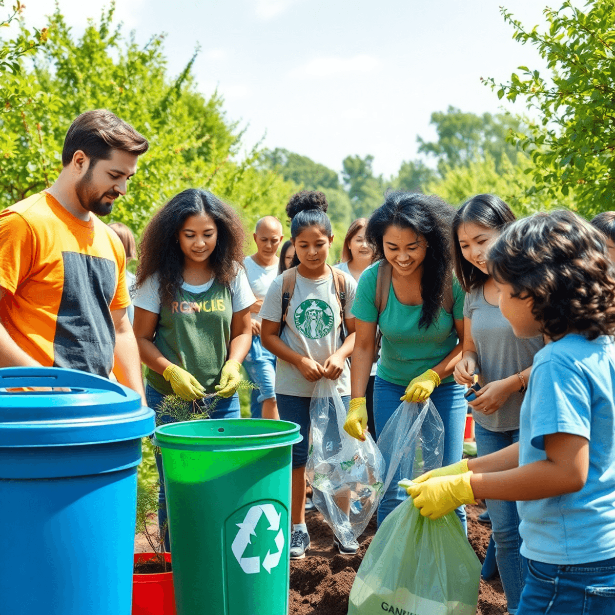 A lively outdoor scene with people engaged in a community clean-up, surrounded by greenery, recycling bins, and clear skies, highlighting environmental care.