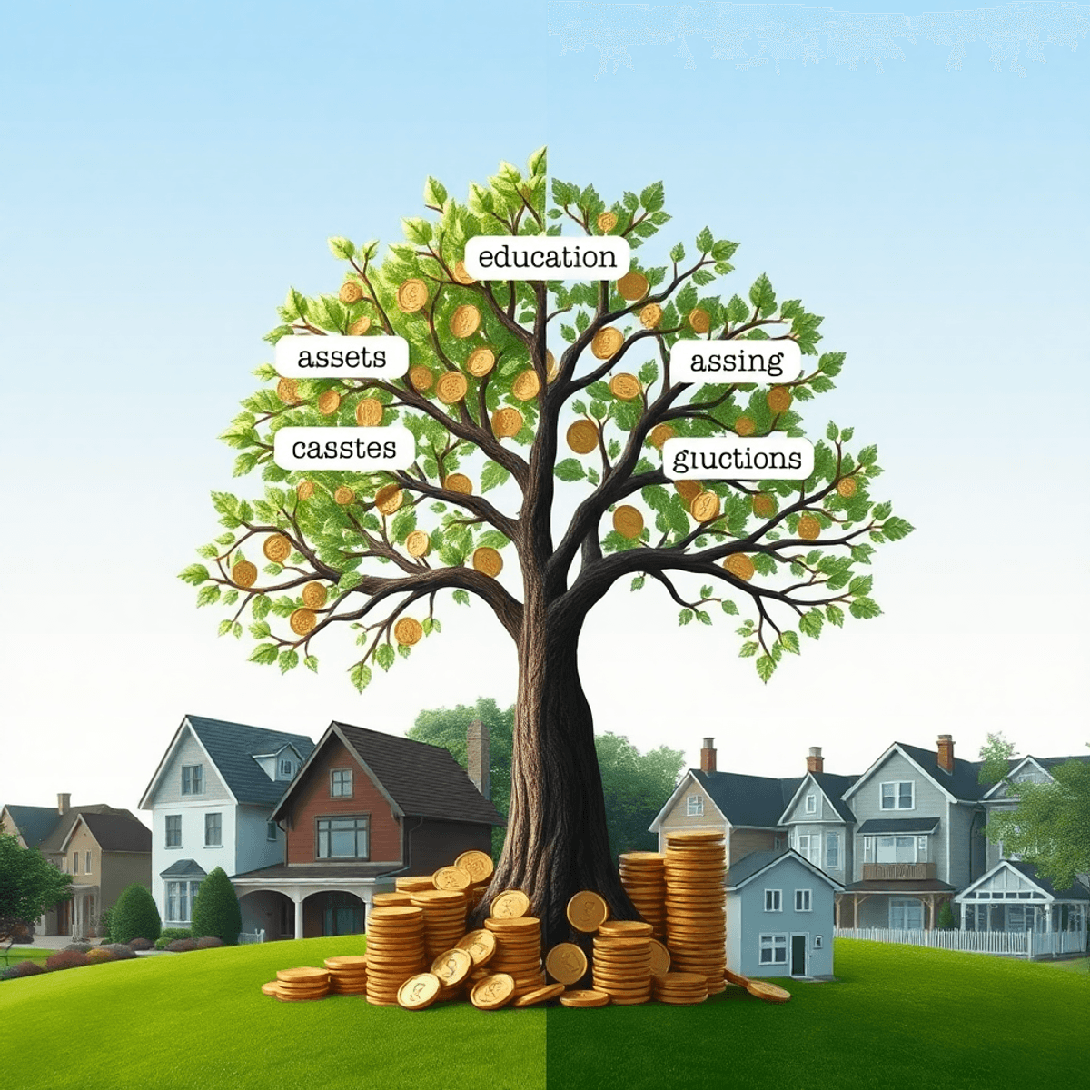 A digital artwork depicting a tree with branches labeled "assets," "education," and "housing," surrounded by coins and houses, set against a gradient background of traditional to modern architecture.