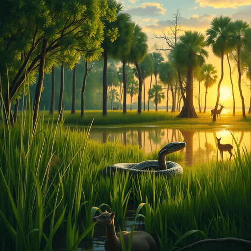 Oil painting of a Florida Everglades sunrise with dense greenery, calm water, a coiled Burmese python among grasses and cypress trees, and silhouettes of deer and birds.