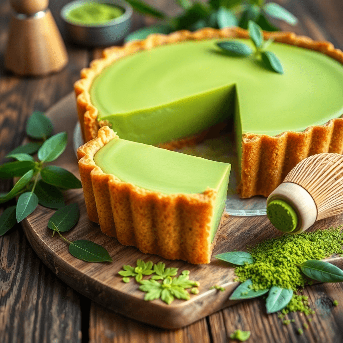 green gold network Close-up of a sliced matcha green tea pie with bright green custard, layered crust, fresh tea leaves, and bamboo whisk on rustic wooden table in soft natural light.