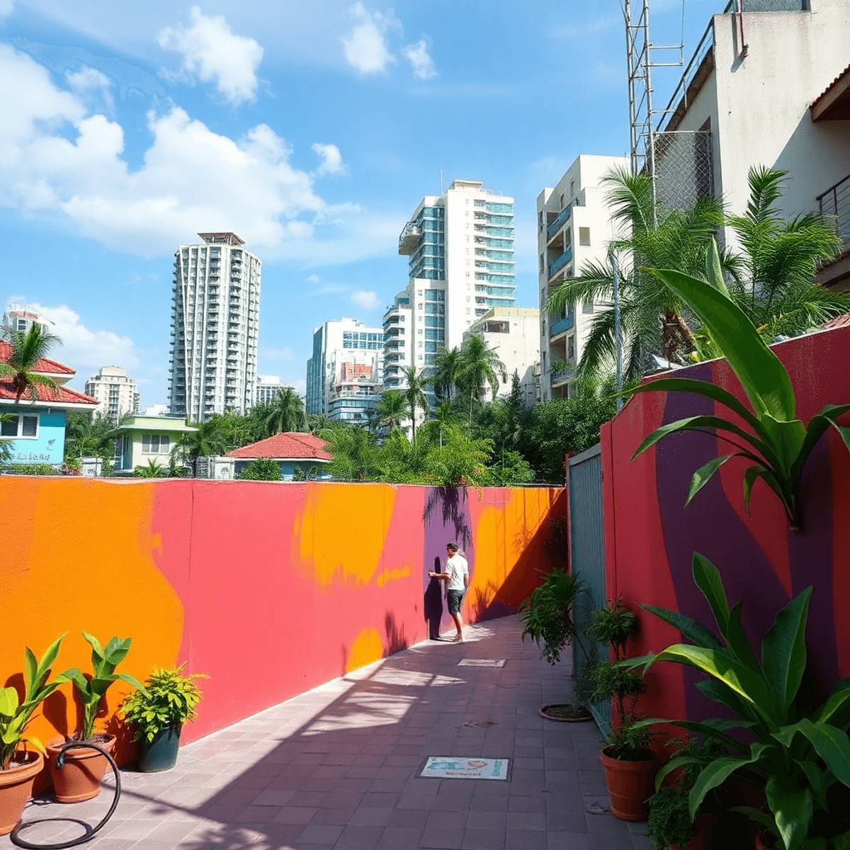 fresh pain plus semi frigo truck parked illegal under skywalk A vibrant urban scene of the Sky Walk in Mega City, showcasing freshly painted bold walls, lush greenery, and modern architecture, reflecting a tropical climate.