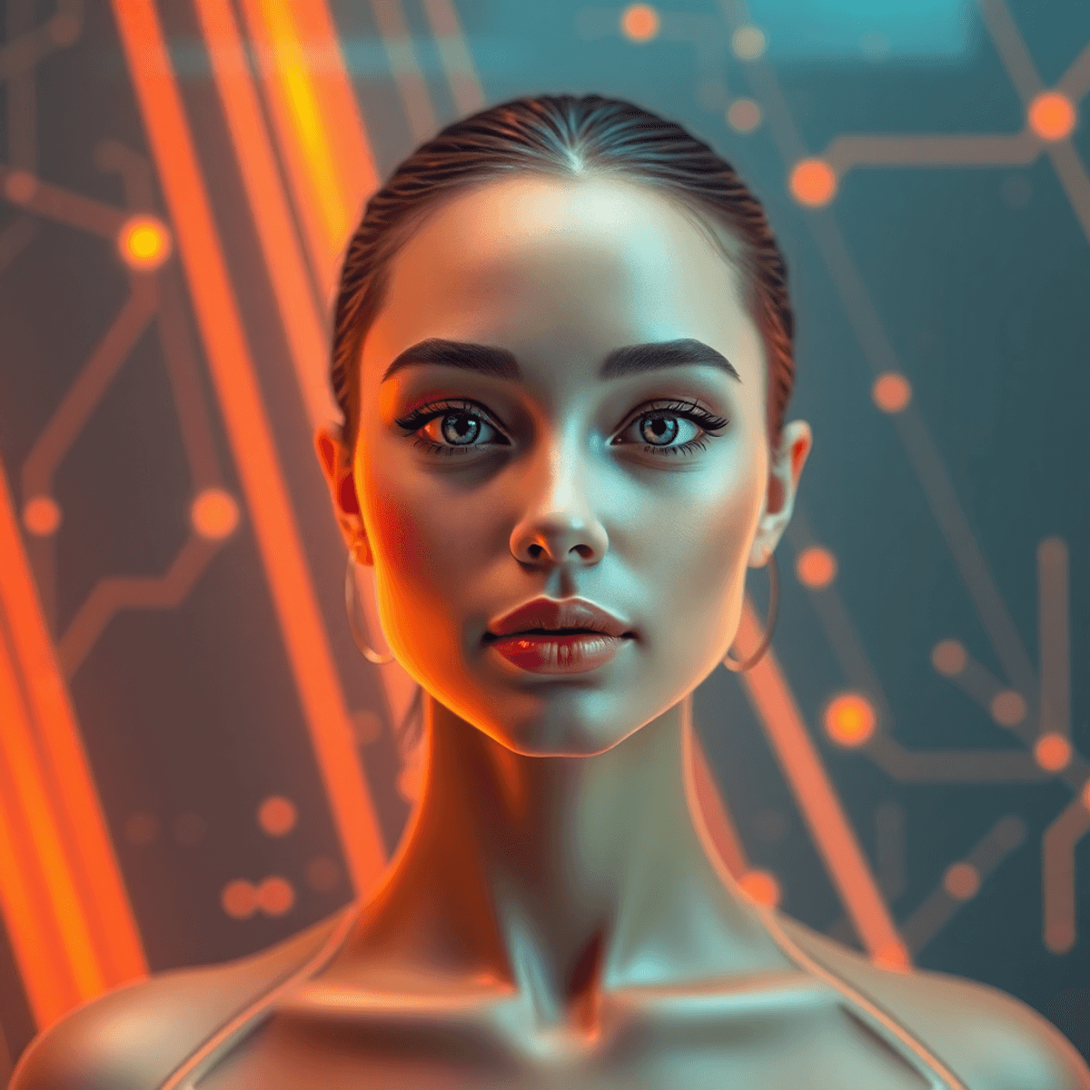 Portrait of a young woman with vibrant features glowing softly against an abstract digital background symbolizing AI and virtual connectivity.