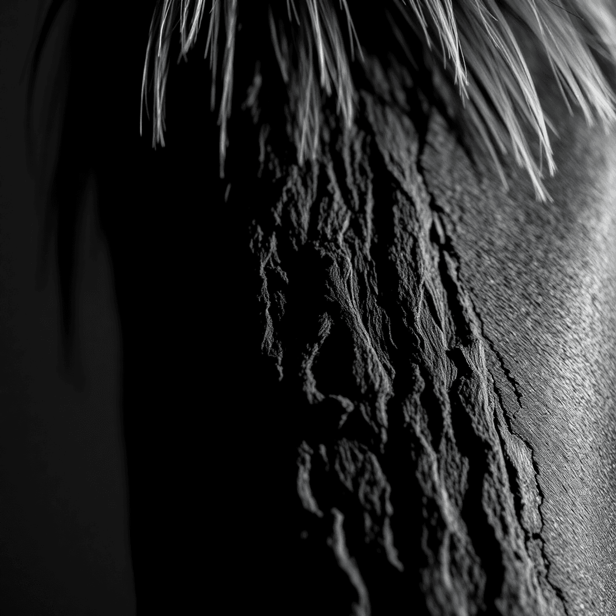 Close-up black and white photo of textured tree bark with dramatic lighting highlighting shadows and details, creating a timeless and artistic feel.