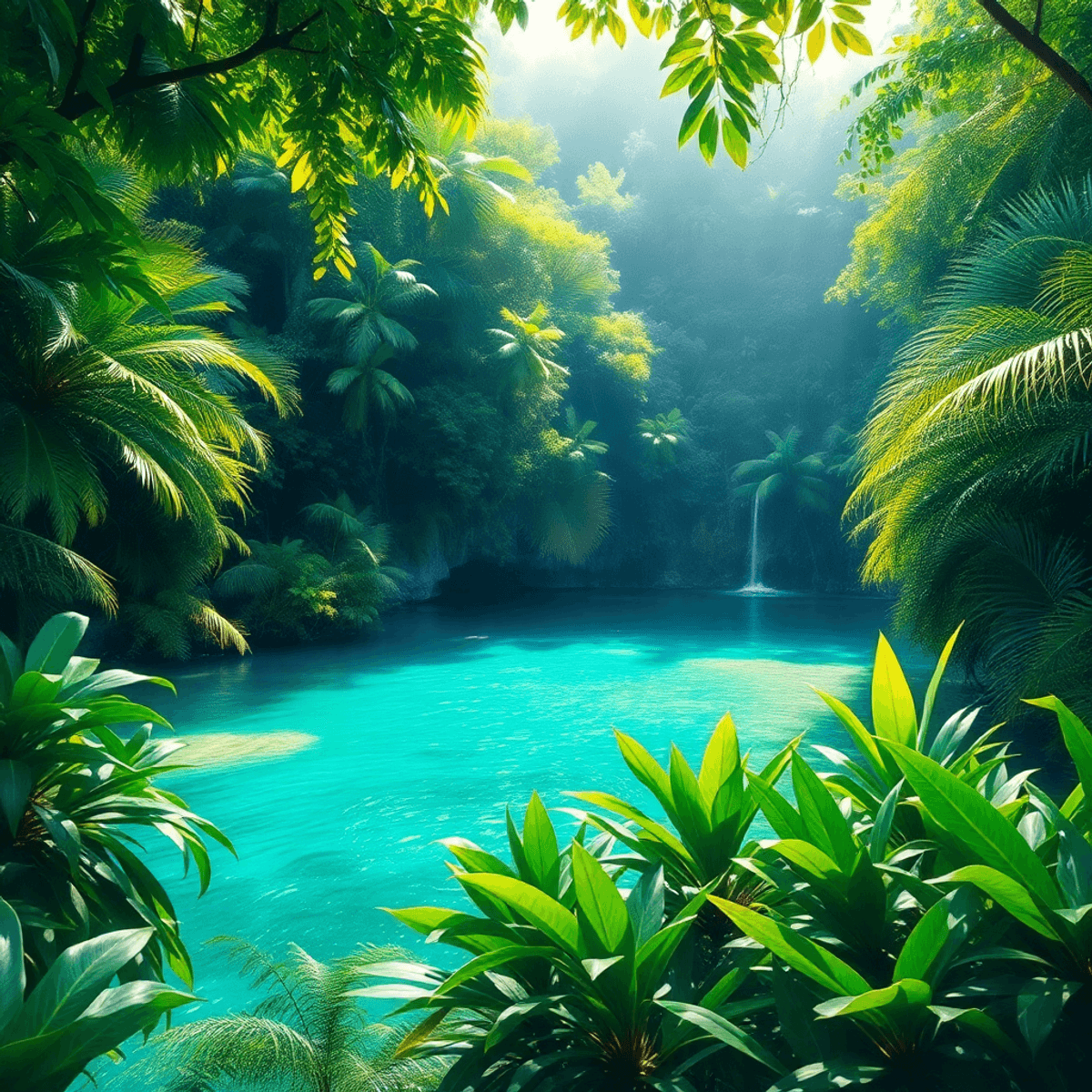 Drunk Turist Guide in Siem Reap Told me Everything About Production Watercolor of a lush tropical lagoon with turquoise water, dense green rainforest, and soft sunlight filtering through the canopy.