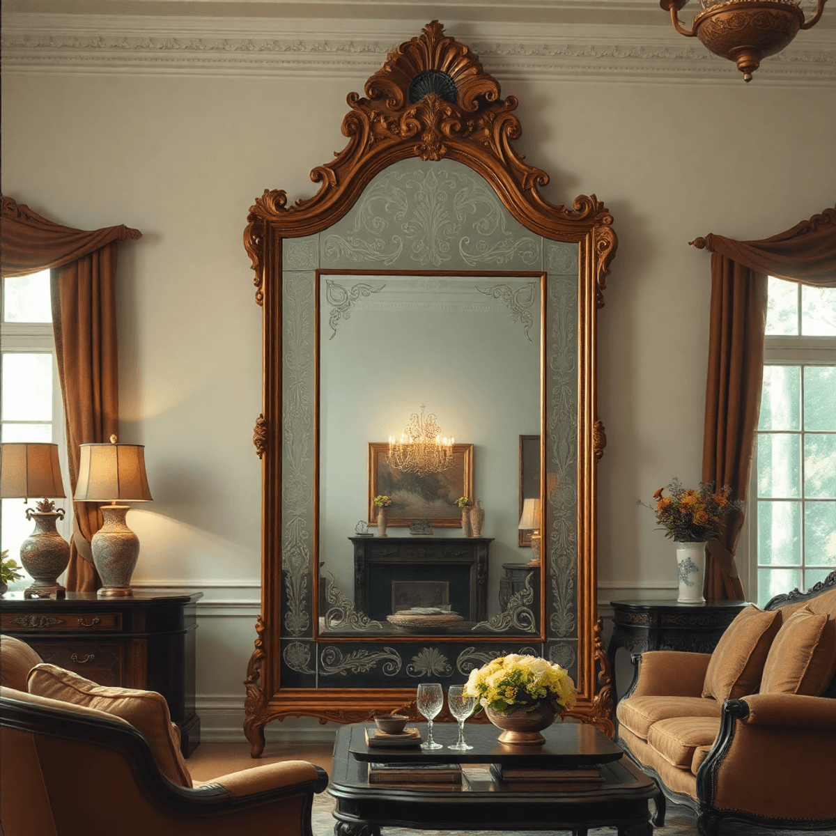 Oil painting of a vintage living room with an ornate Venetian mirror reflecting soft light and subtle futuristic glow, blending classic decor with modern technology.