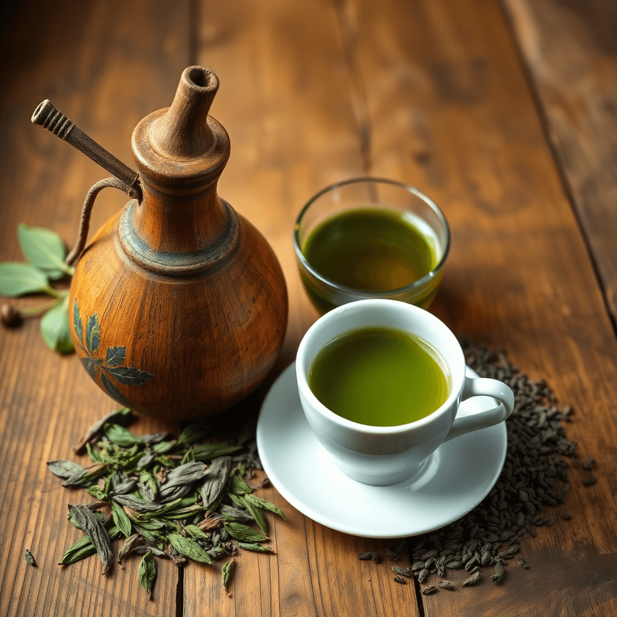 Rustic wooden table with a chimarrão gourd, bombilla, steaming green tea cup, yerba mate leaves, and loose tea leaves in a warm, inviting setting.