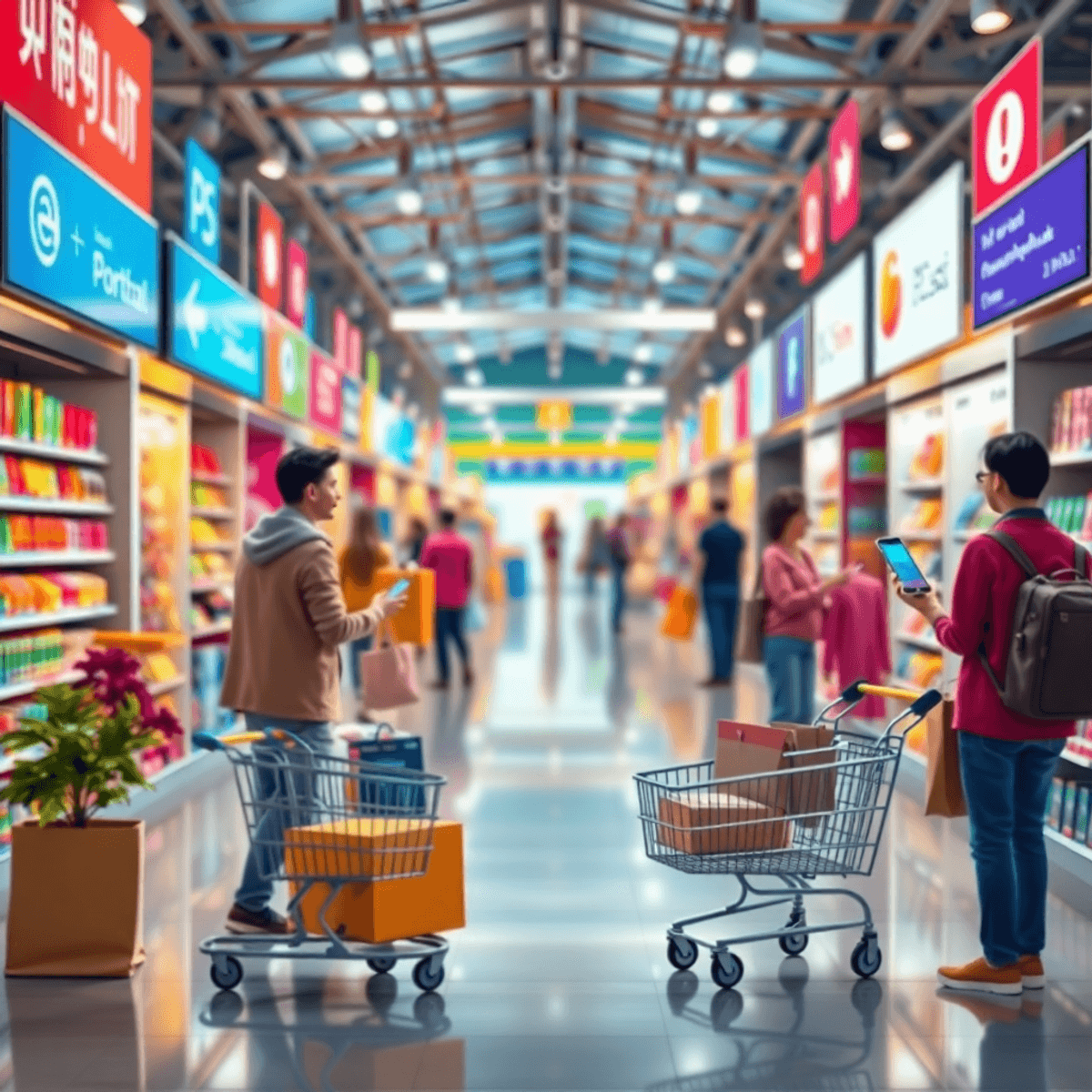 A lively digital marketplace showcasing various payment options, shopping carts, smartphones, and social media icons, all in a bright, engaging atmosphere.