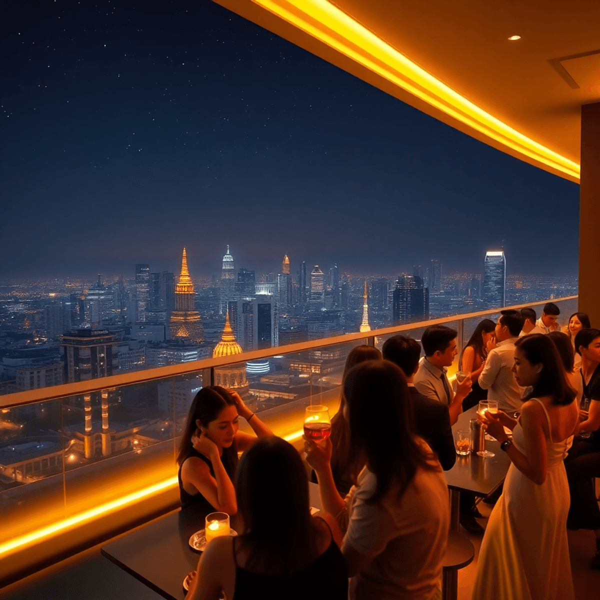 Luxurious rooftop bar at night with elegant people enjoying drinks, warm lighting, and a vibrant Bangkok skyline under a starry sky.