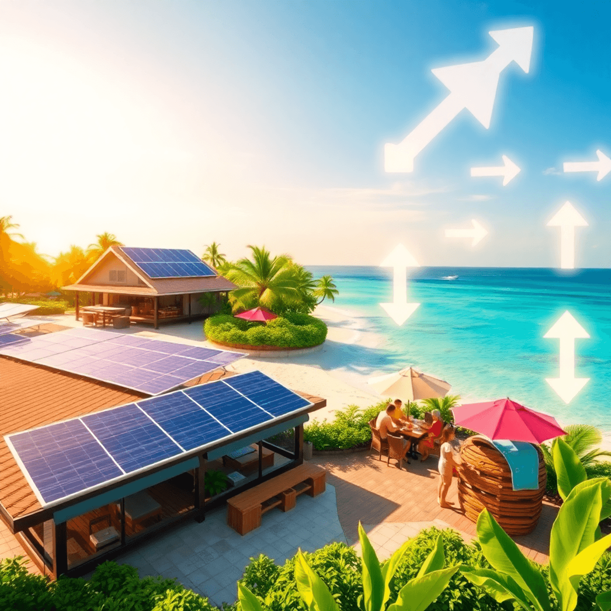 Tropical beach with eco-resort, solar panels, tourists dining outdoors, lush greenery, and glowing travel and currency symbols in a realistic style.