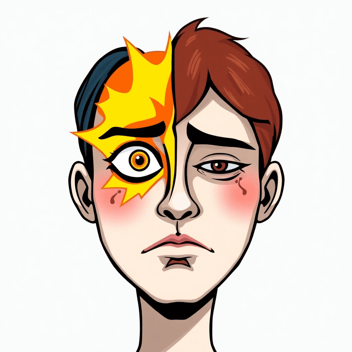 Digital illustration of a split face showing bright, energetic expression on one side and somber, withdrawn expression on the other, symbolizing bipolar disorder.