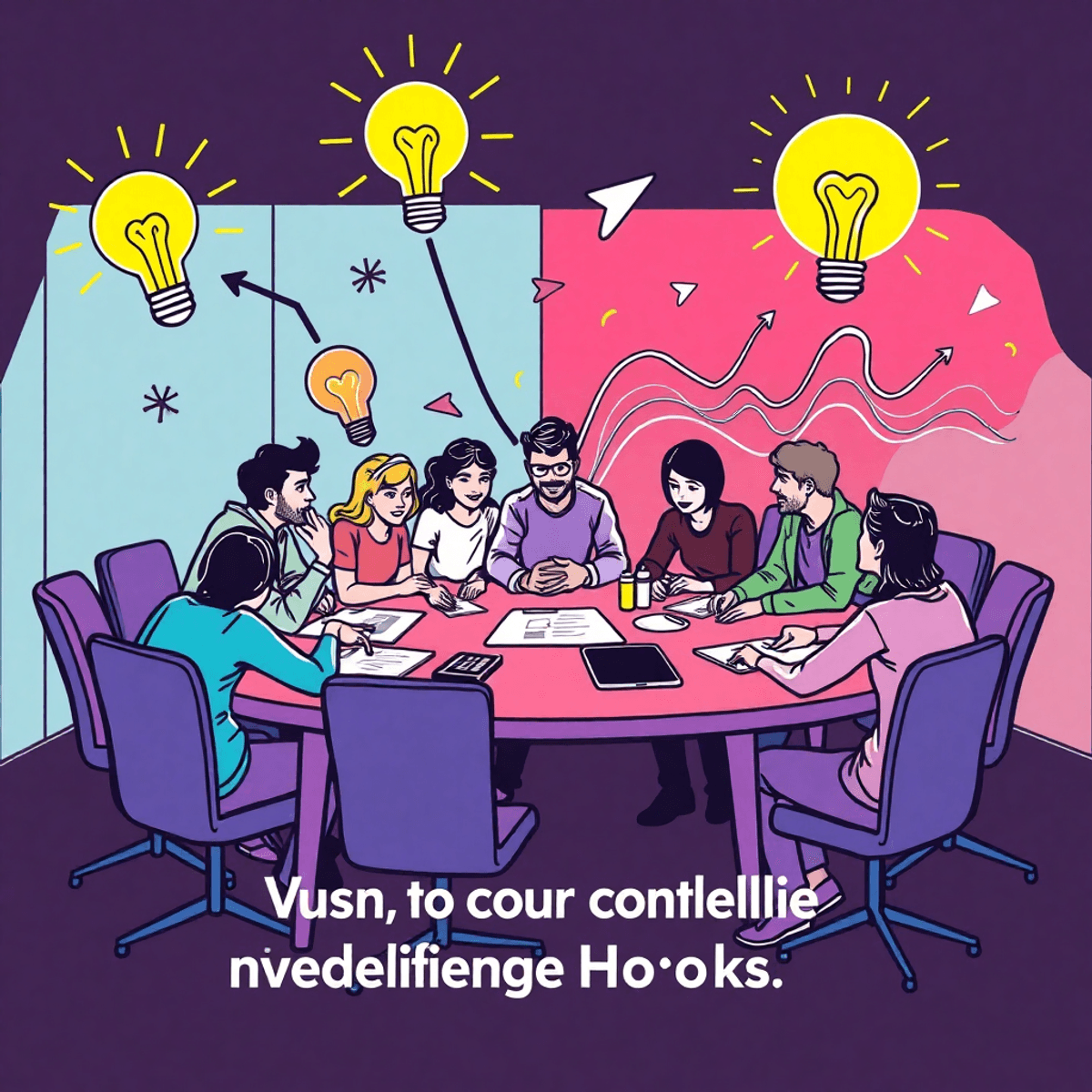 You're Doing It Wrong — The Hook Comes First Line drawing of content creators brainstorming around a table with glowing light bulbs, arrows, and vibrant waves symbolizing creativity and engagement.