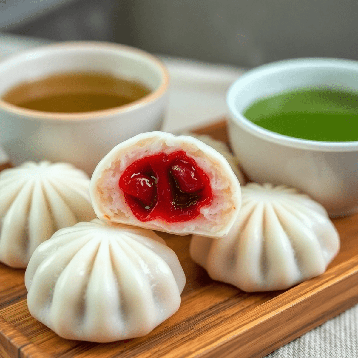 green gold Close-up of traditional daifuku mochi with red bean filling on a wooden tray beside a steaming cup of green tea, softly lit in a warm, natural setting.
