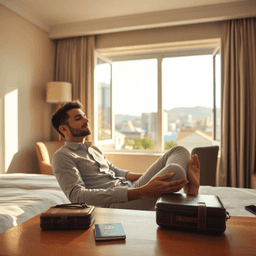 Traveler sitting calmly in a cozy hotel room with travel essentials on a wooden table and a serene cityscape visible through an open window.