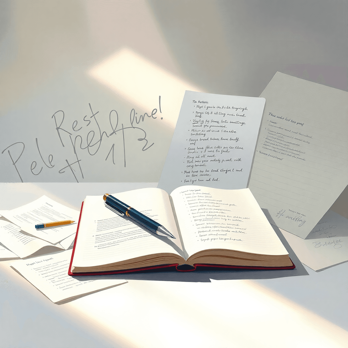 Oil painting of a bright workspace with a notebook and pen, showing pages transitioning from messy scribbles to neat bullet points under soft natural light.