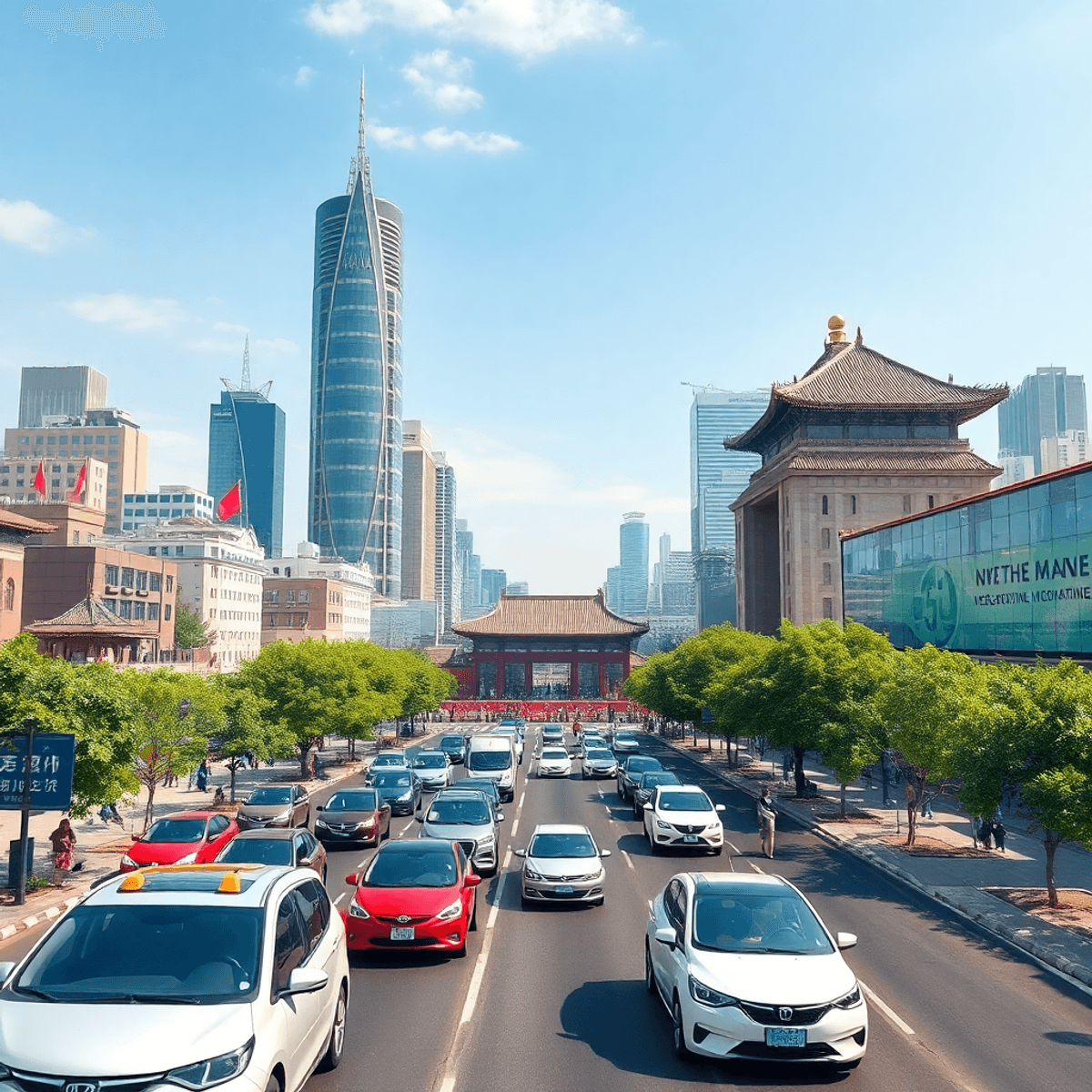 A bustling Beijing cityscape with electric cars on busy streets, modern skyscrapers in the background, and green trees highlighting a sustainable future under clear blue skies.
