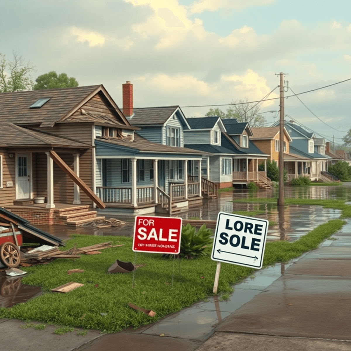 A realistic depiction of a flooded neighborhood with damaged houses, debris scattered around, and a "For Sale" sign in front of one home, illustrating the impact of climate change.