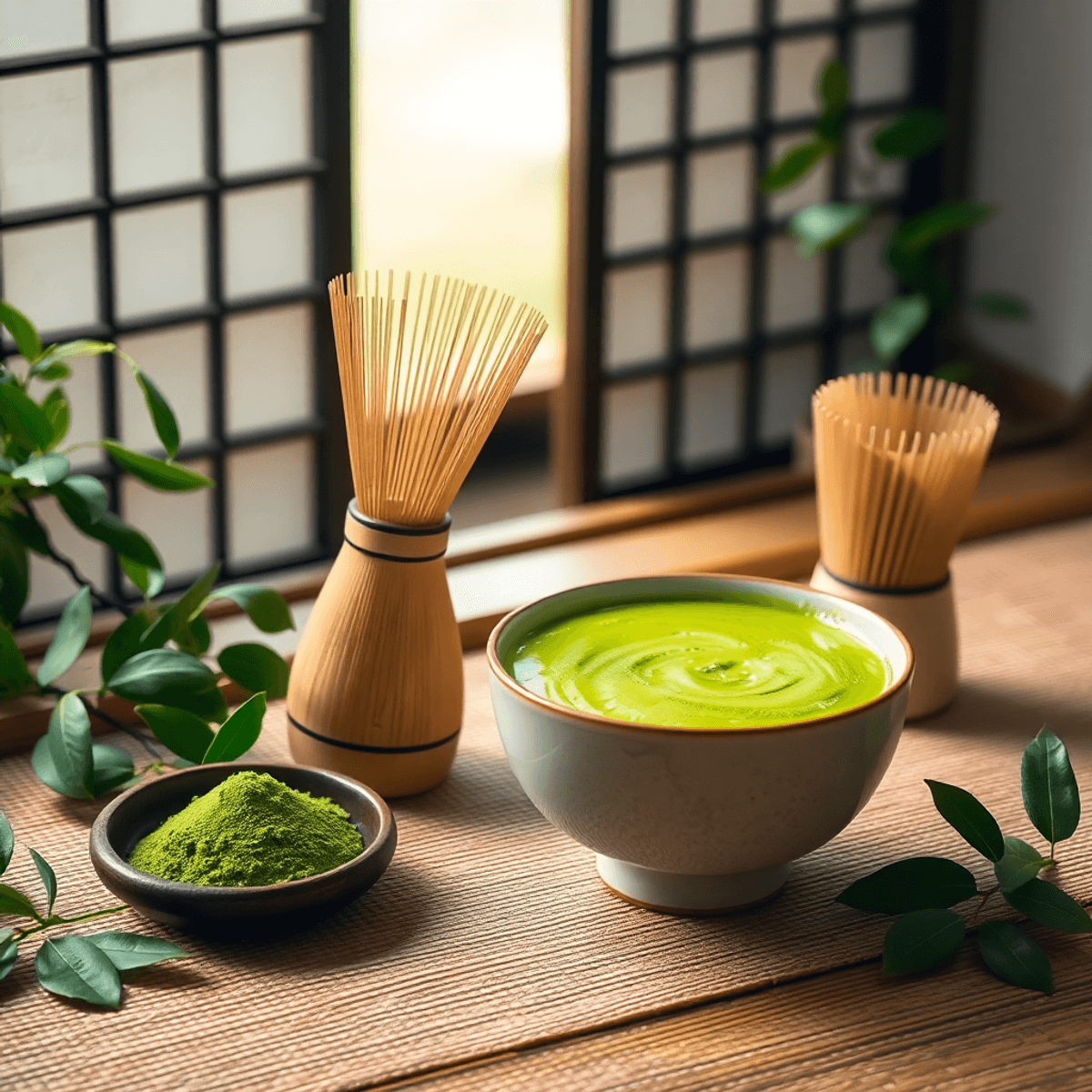 Asian match worldwide A traditional Japanese tea setting with a bamboo whisk, frothy green matcha bowl, fresh tea leaves, and soft morning light through shoji screens.