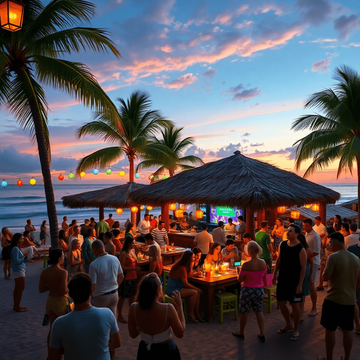 Asian people wear black gloves and start screaming Sunset tropical beach with a lively bar, colorful lanterns, tiki torches, palm trees, ocean waves, and people enjoying cocktails and music.