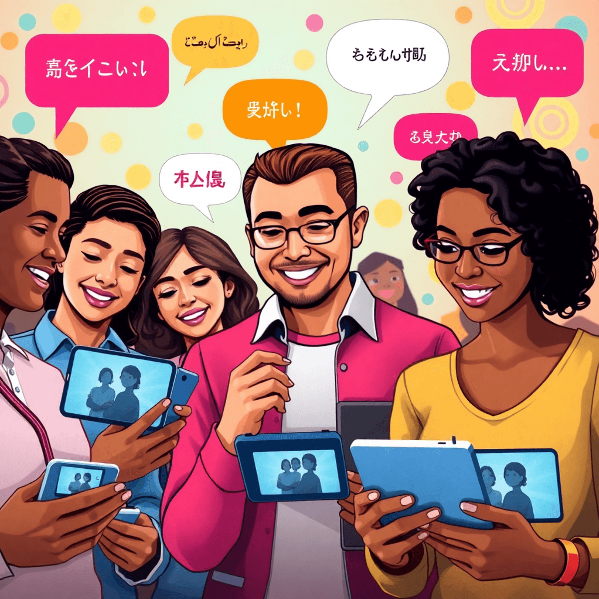 A lively scene of a diverse group of people watching videos on smartphones and tablets, surrounded by colorful speech bubbles in various languages, symbolizing global communication.