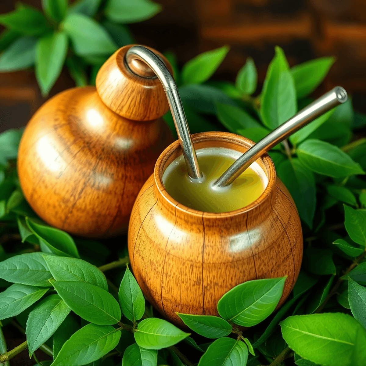 Traditional yerba mate setup with wooden gourd, metal straw, and green leaves, symbolizing cultural rituals and social warmth.