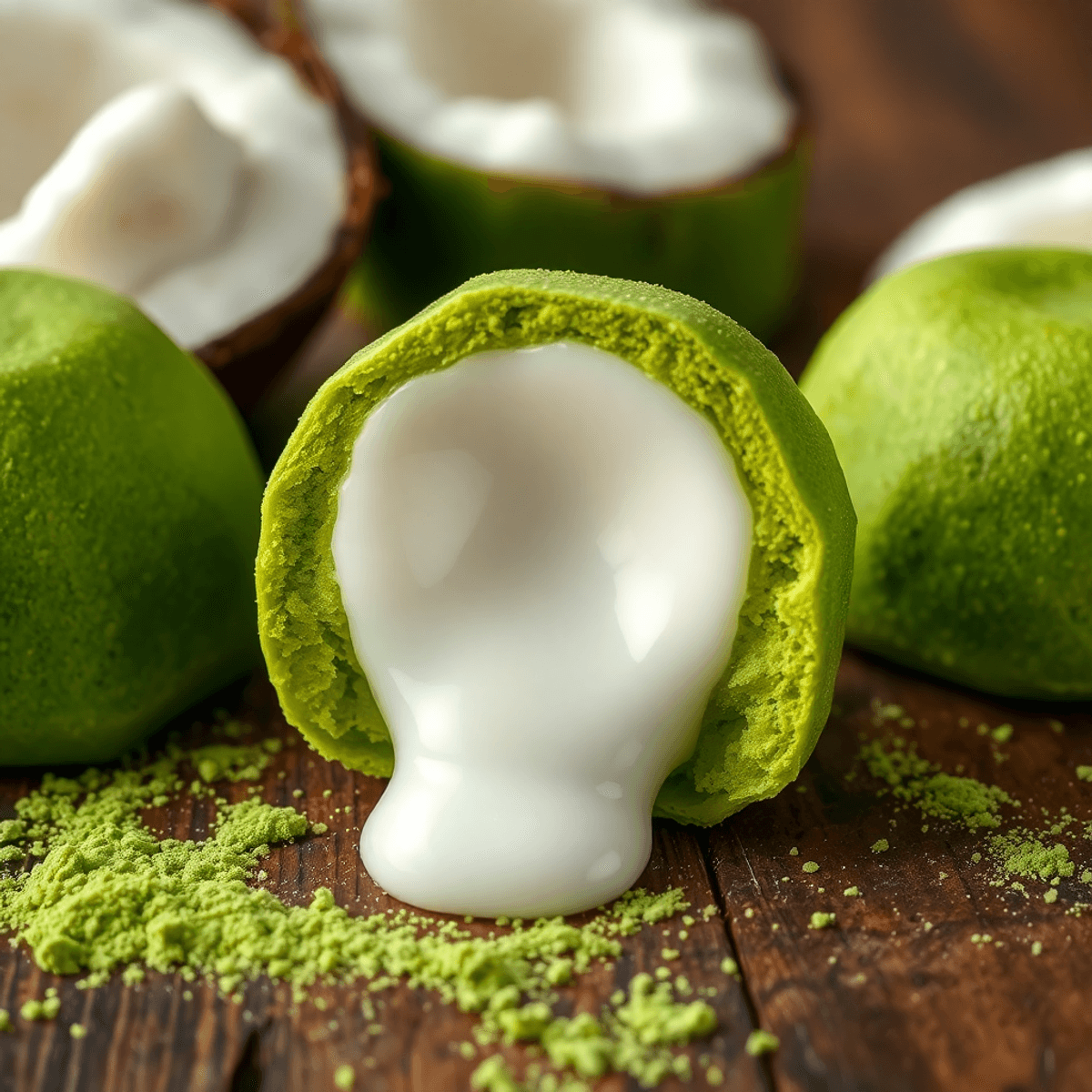 Matcha Mochi Close-up of green matcha mochi with creamy white coconut filling on wooden surface, surrounded by young coconut halves and scattered matcha powder.