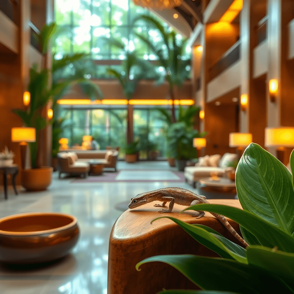 A serene hotel lobby with warm lighting, lush greenery, elegant decor, and a small detailed common house gecko on a wooden surface or leafy plant.