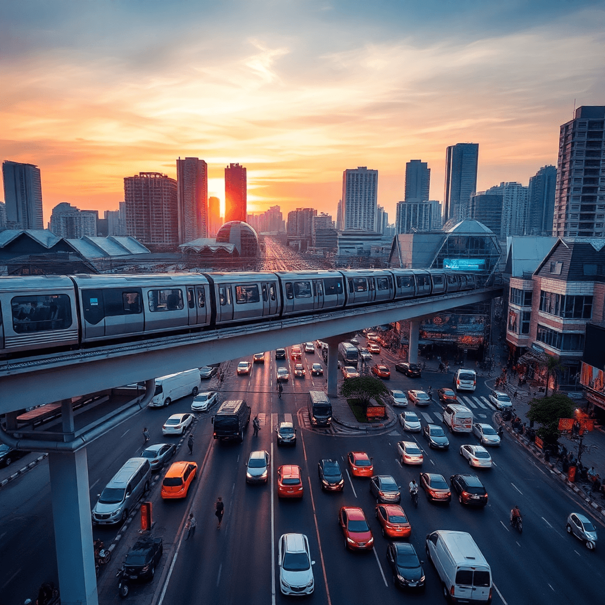Sunset view of Jakarta's bustling city with modern metro trains on elevated tracks above busy streets filled with vehicles and people, in a minimalist style.