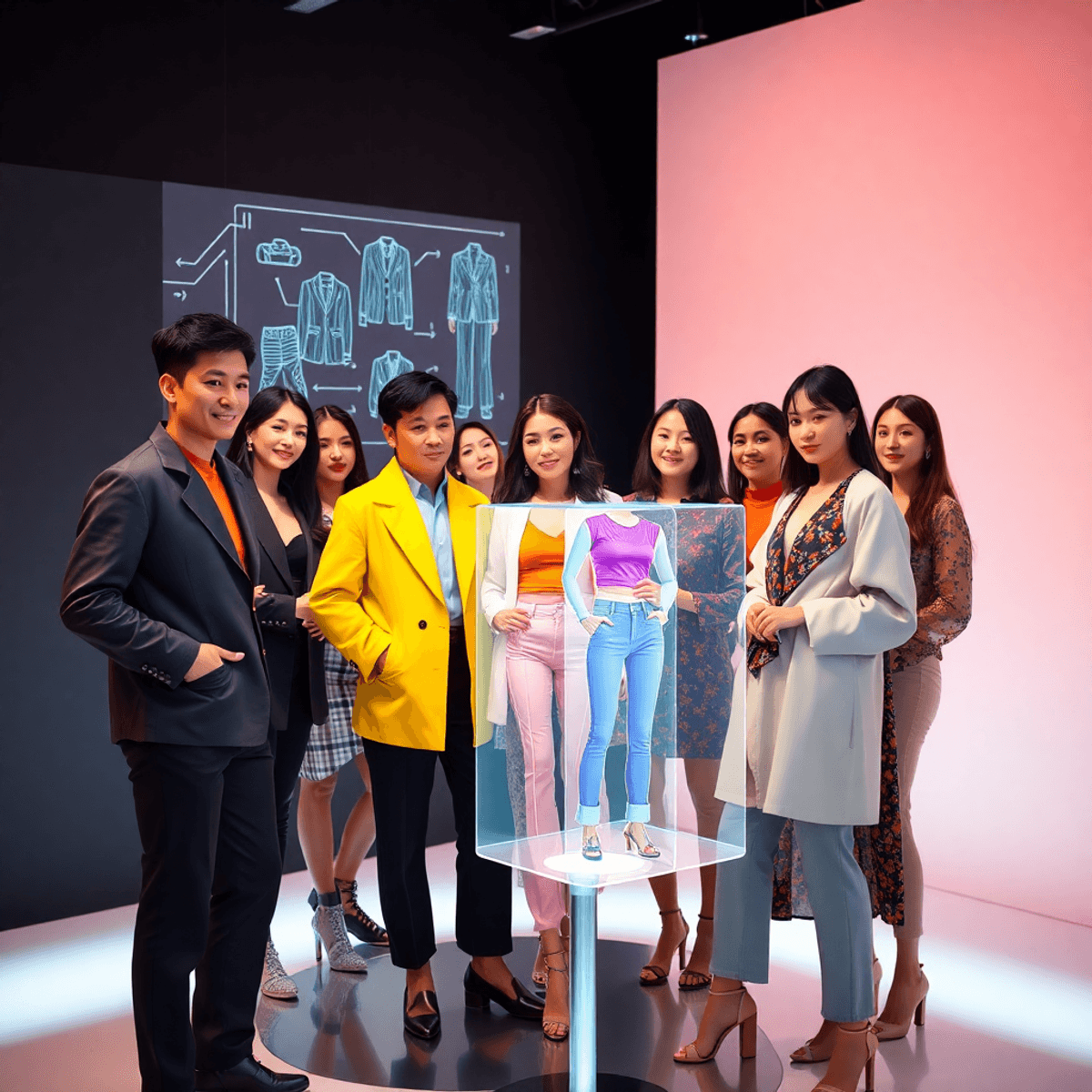 Unique Style Recommendations, AI Recommendation,AI Influencers,SEO campaign, Fashion influencers in a sleek studio interact with futuristic holographic displays of abstract clothing designs, surrounded by glowing digital elements symbolizing AI technology.