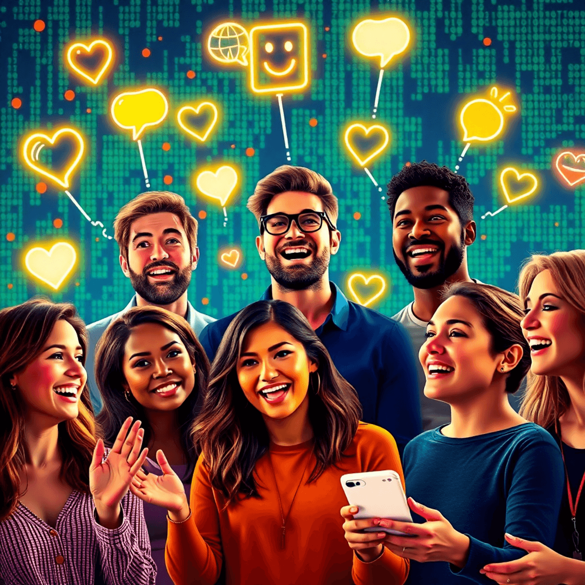 Emotional Responses Get You Higher than you think Group of influencers using expressive gestures with glowing emotion icons against a vibrant digital background, illustrating tech and human connection.
