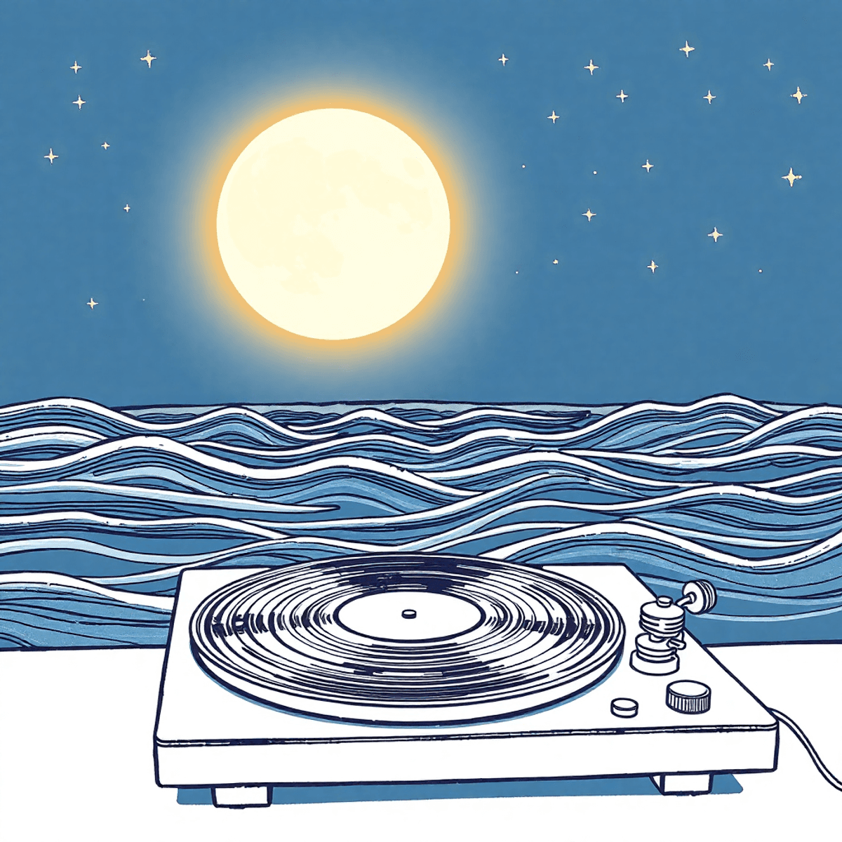 you funk SE000 A one-line drawing of a serene night scene with a glowing moon, stars, soft waves, and a vintage record player playing reggae music, evoking warmth and nostalgia.
