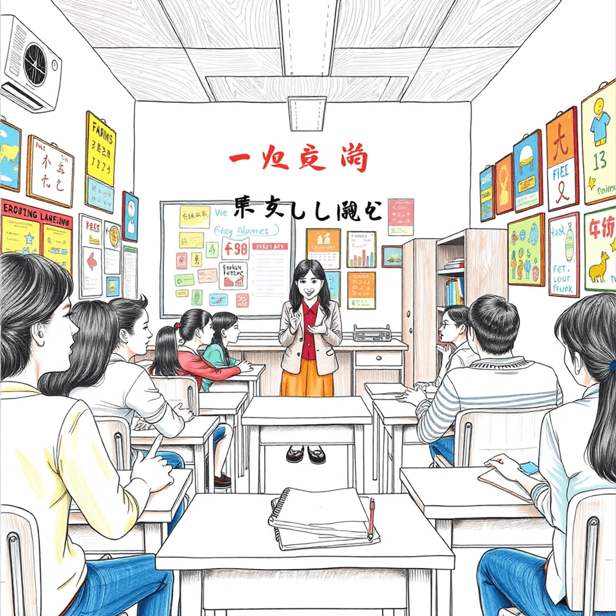 ภาพการวาดด้วยดินสอของห้องเรียนที่มีชีวิตชีวา มีนักเรียนที่มีส่วนร่วมในการเรียนรู้ มีโปสเตอร์สีสันสดใสติดอยู่บนผนัง และคุณครูที่กำลังแนะนำชั้นเรียนอย่างกระตือรือร้น