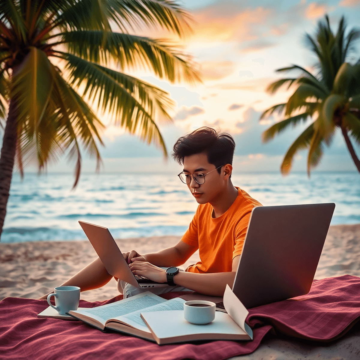 digi nomad video content creation story Young person working on a laptop at a tropical beach sunrise, with palm trees, calm ocean, notebook, and coffee nearby, evoking freedom and adventure.