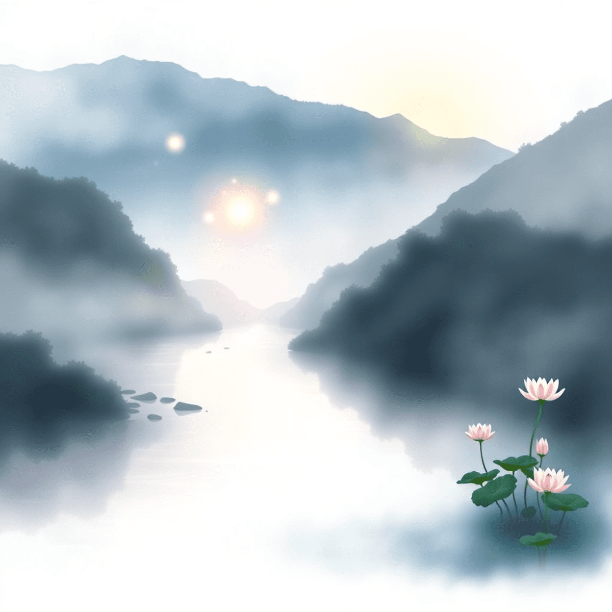 000 Watercolor of a misty mountain at dawn with a river, glowing orbs above water, and lotus flowers along the bank in soft blues, purples, and greens.