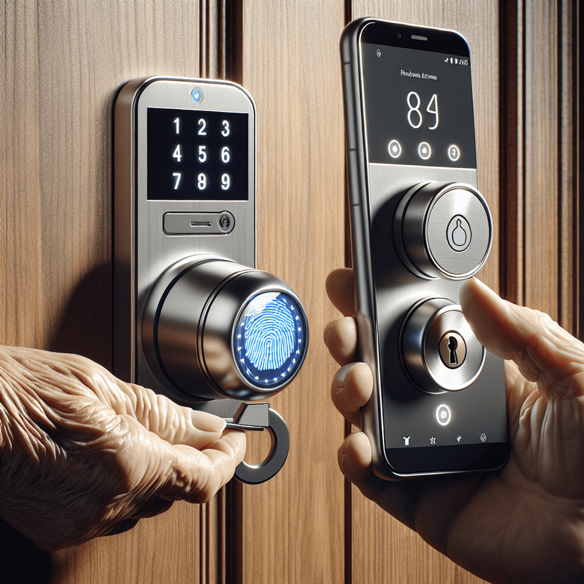 Digital art of a modern digital door lock with a keypad, symbolizing the convenience and security of digital door locks for seniors.