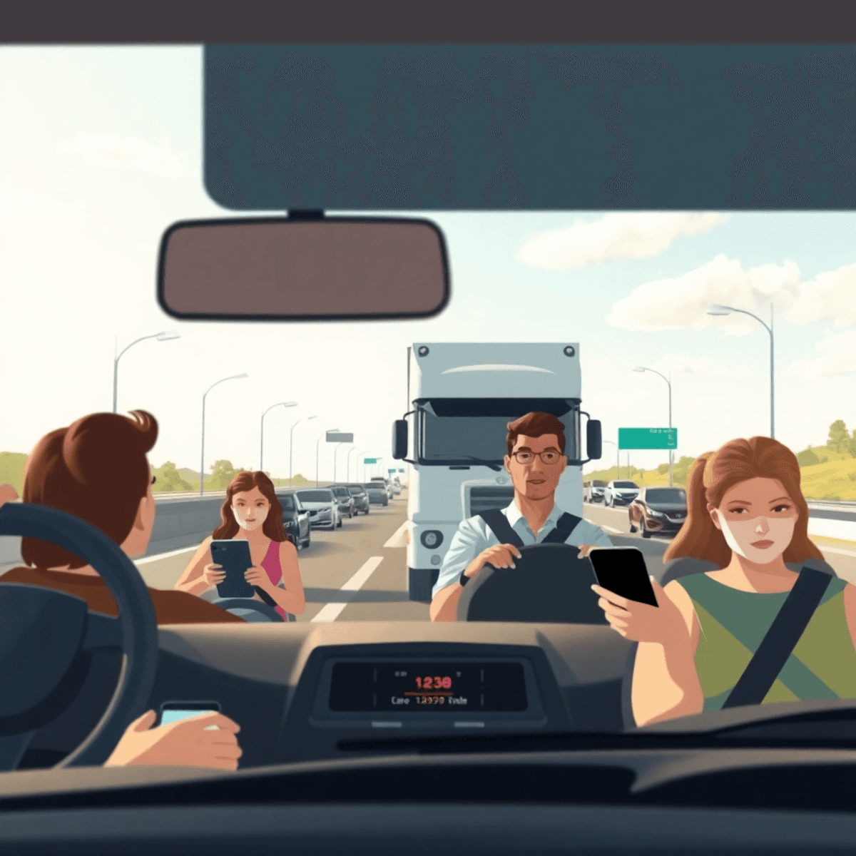 A serene highway scene with various drivers using technology in their vehicles, including a large truck, under clear skies and smooth traffic flow.