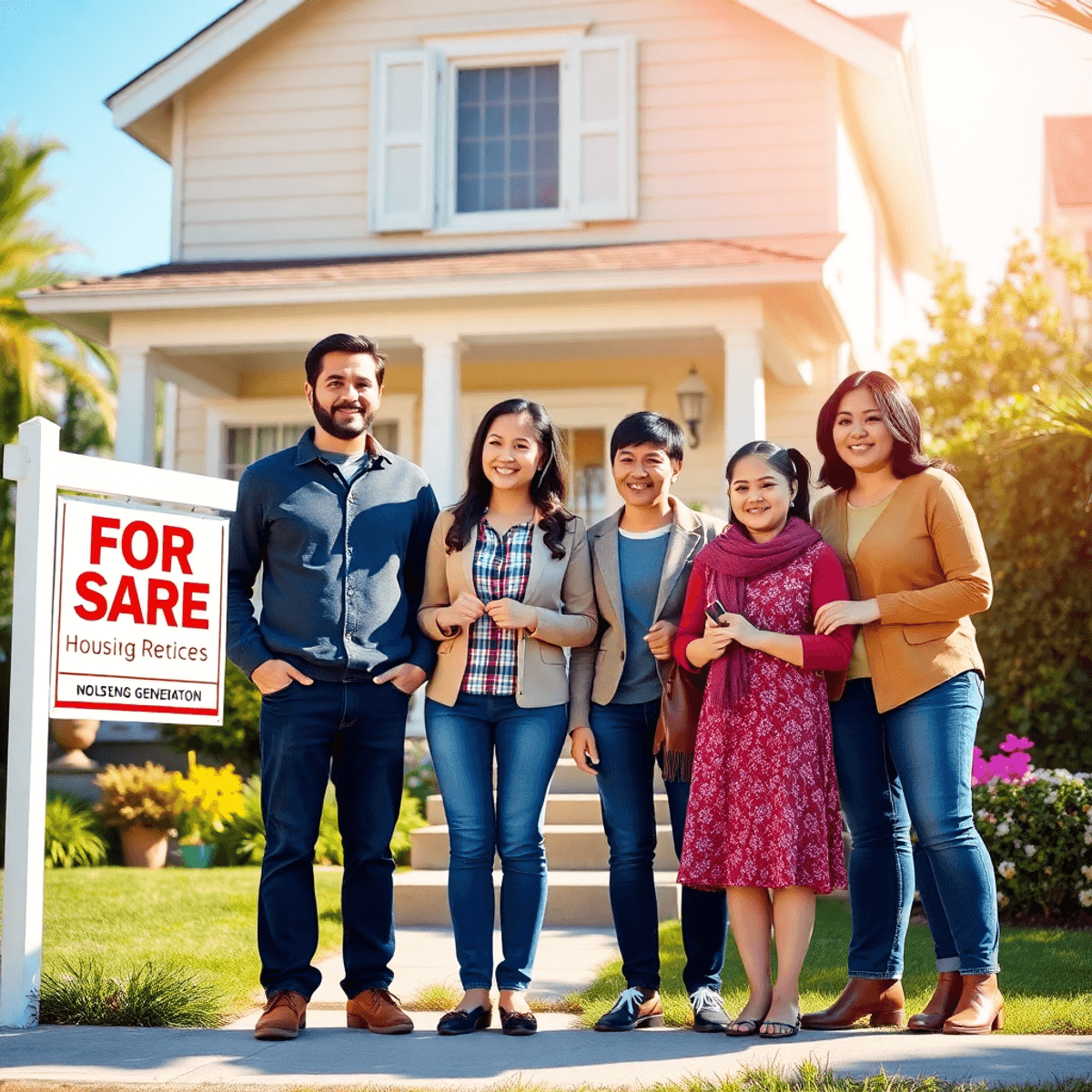 A group of people standing in front of a house with a "For Sale" sign, smiling and looking hopeful on a sunny day, symbolizing opportunity in the housing market.