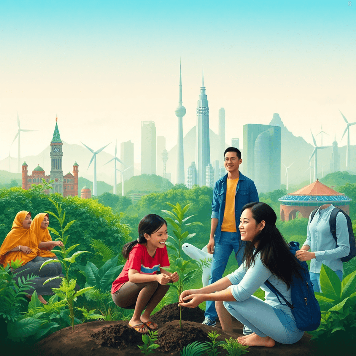 AI influencer on autopilot A diverse group of travel influencers planting trees, engaging with locals, and exploring nature amid iconic landmarks and sustainable elements like wind turbines and solar panels.