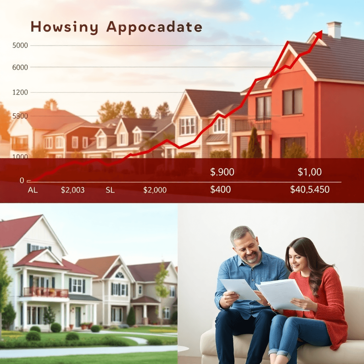 A suburban neighborhood with homes, a graph of mortgage rates and prices, and a family reviewing financial documents about housing affordability.