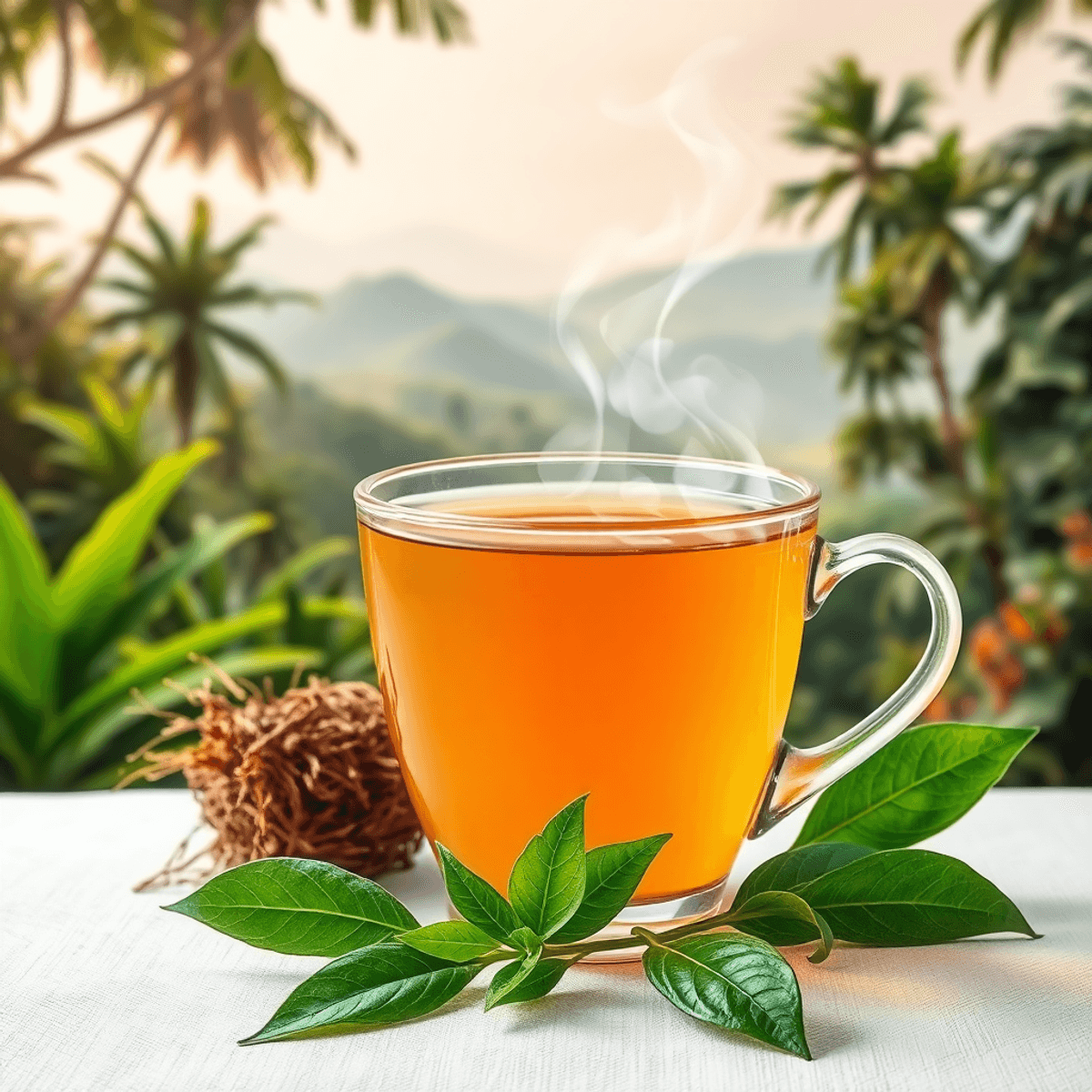 cambodian green tea in european merhujus club Close-up of a steaming cup of herbal tea with green leaves, set against a background blending tropical foliage and rolling hills, symbolizing cultural fusion.