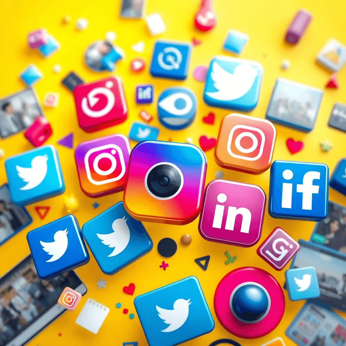 การจัดเรียงสัญลักษณ์โซเชียลมีเดียที่มีสีสันสดใส เช่น Facebook, Instagram, Twitter และ LinkedIn โดยรอบด้วยองค์ประกอบมัลติมีเดียบนพื้นหลังที่สว่างและสร้างสรรค์