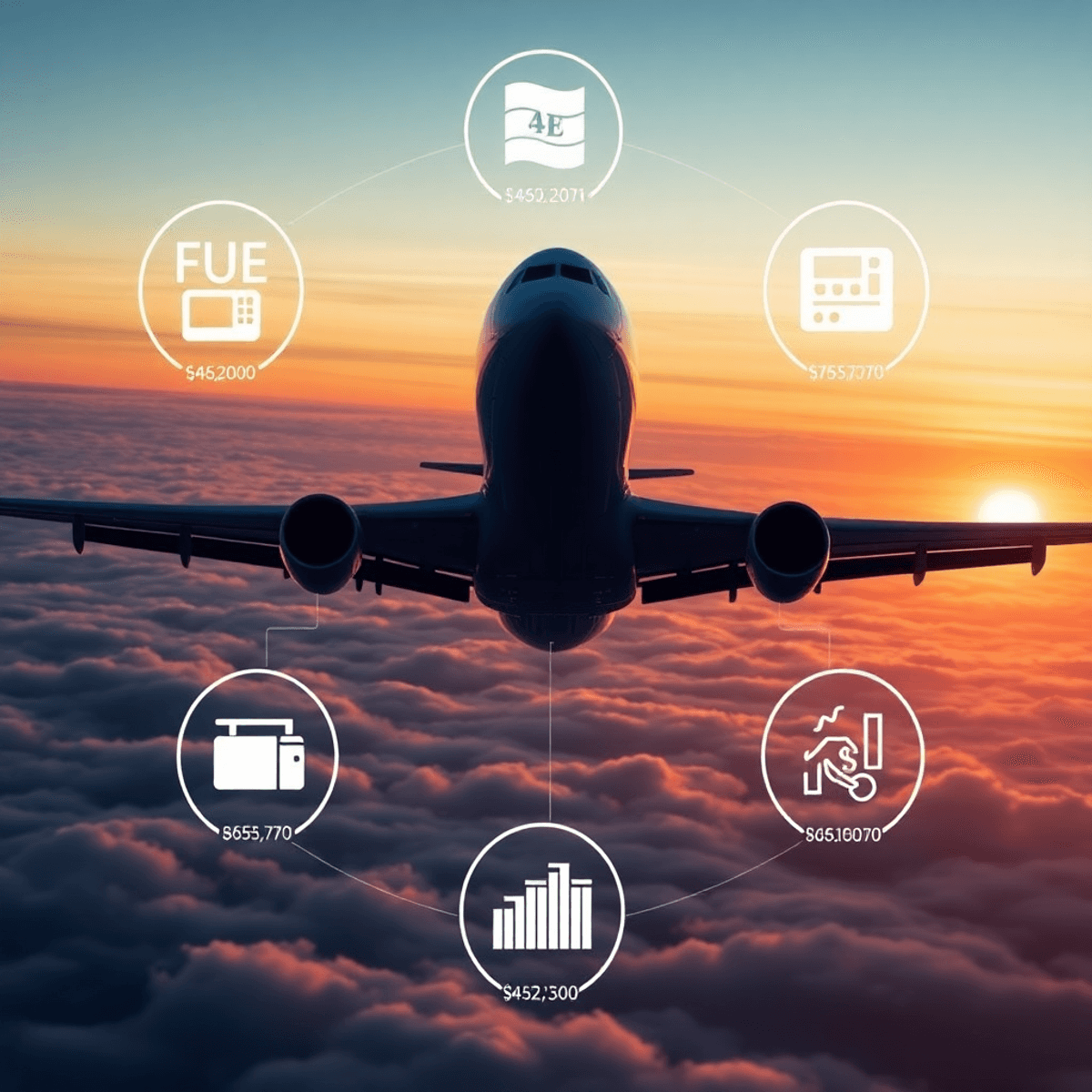 Travel Cost Trends 2025, Inflation Impact on Tourism, Budget Travel Hacks, Rising Airfare Prices, Currency Fluctuations Travel, Cost of Living for Travelers, Affordable Destinations 2025, Inflation and Travel Planning A modern airplane flying above clouds at sunset with icons of fuel prices, supply chain, and economic factors around it symbolizing flight cost complexities.