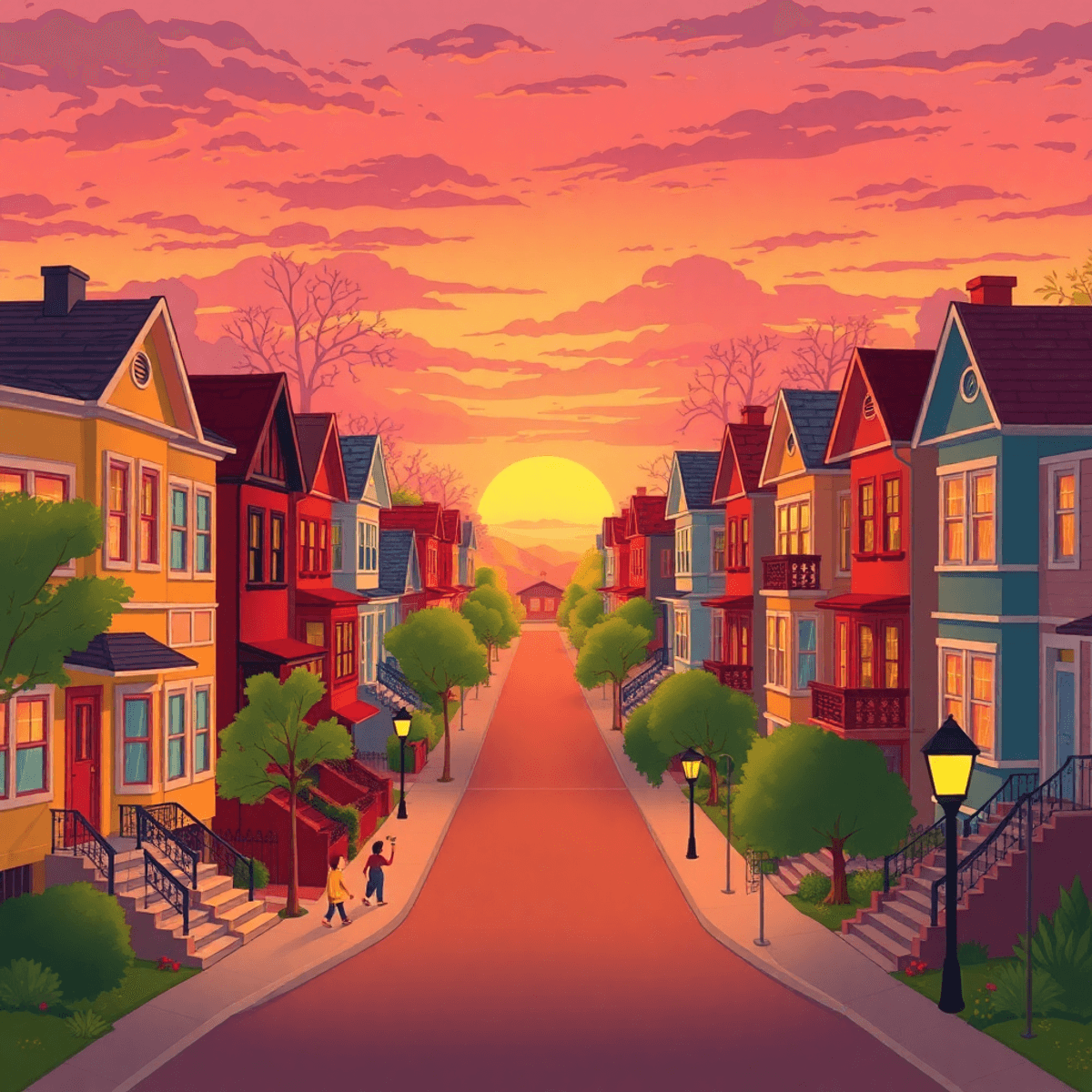 Thailand real estate lessons Cartoon-style sunset over colorful city houses and lively streets, evoking warmth, nostalgia, and the start of a real estate journey.