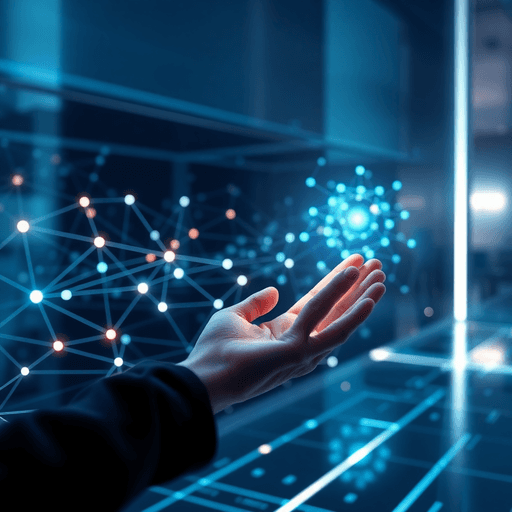 A glowing neural network with interconnected nodes and a human hand interacting, set against a sleek futuristic digital background.