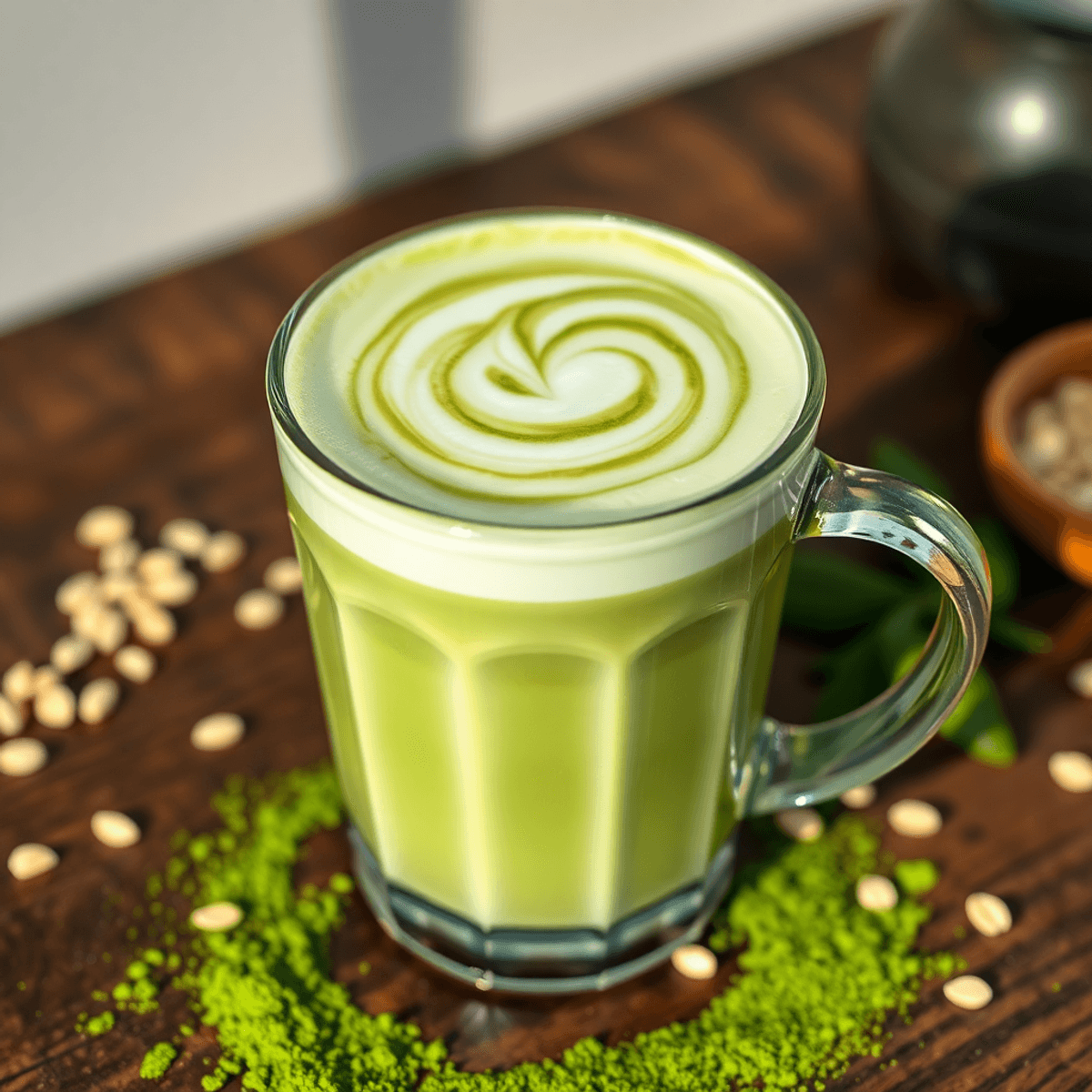essential amino acids from matcha Close-up of a creamy matcha oat milk latte in a clear glass with green foam swirls, on a wooden table with matcha powder and oat grains, lit by soft natural light.