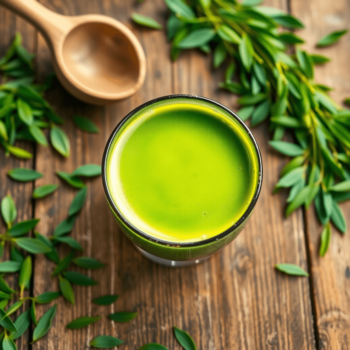 Matsu Matcha blog A vibrant cup of frothy green matcha tea on a rustic wooden table with fresh tea leaves and bamboo utensils.