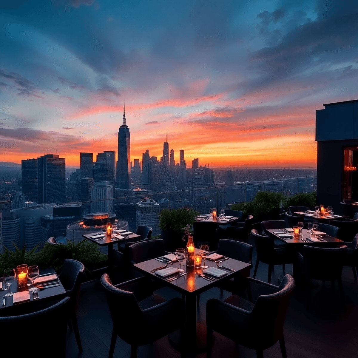 A rooftop sky bar at sunset with elegant dining tables, soft lighting, lush greenery, and a stunning city skyline in the background.