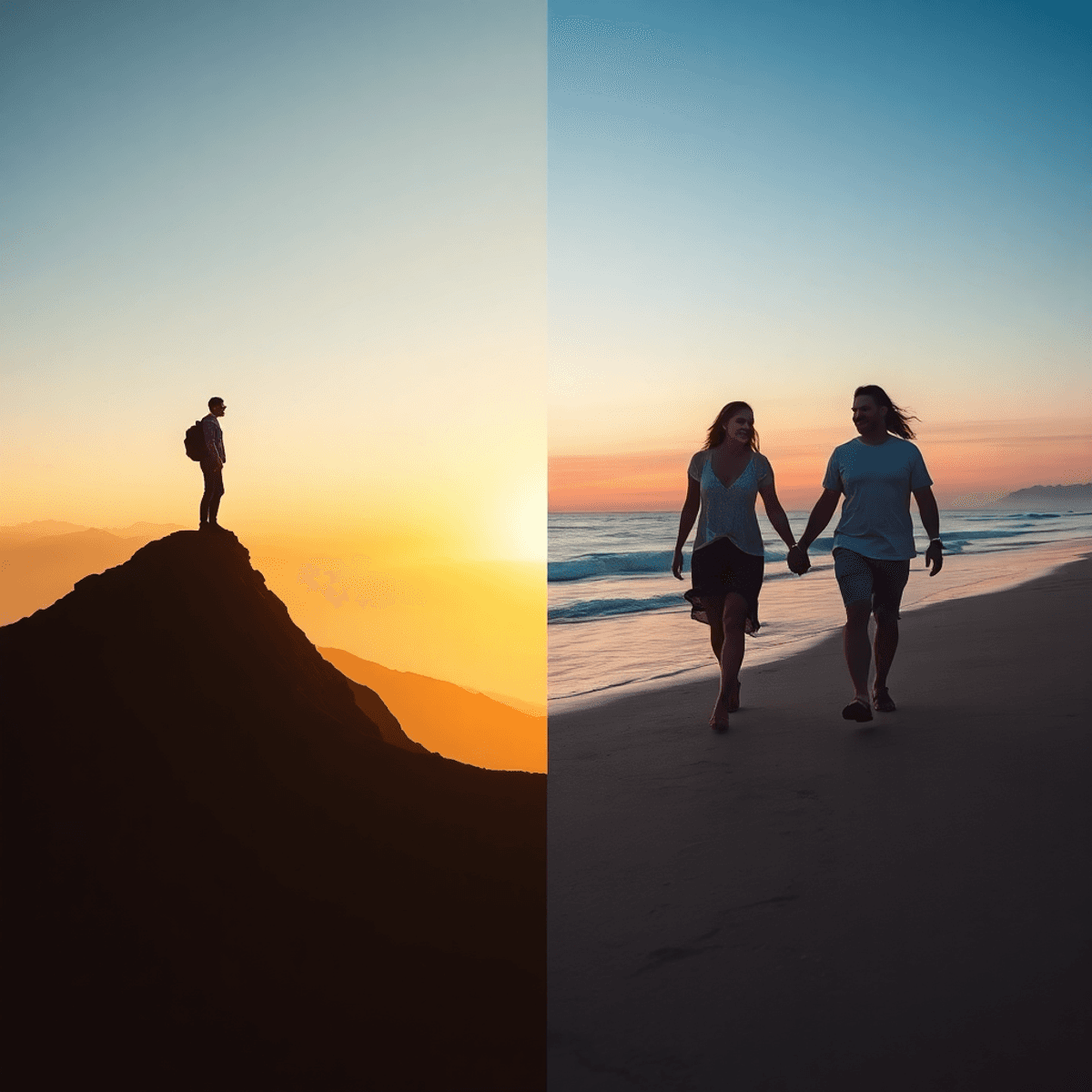 new travel mindset after global journey Split view: traveler on mountain peak at sunrise and couple walking on beach at sunset, with open skies and gentle waves in minimalist style.