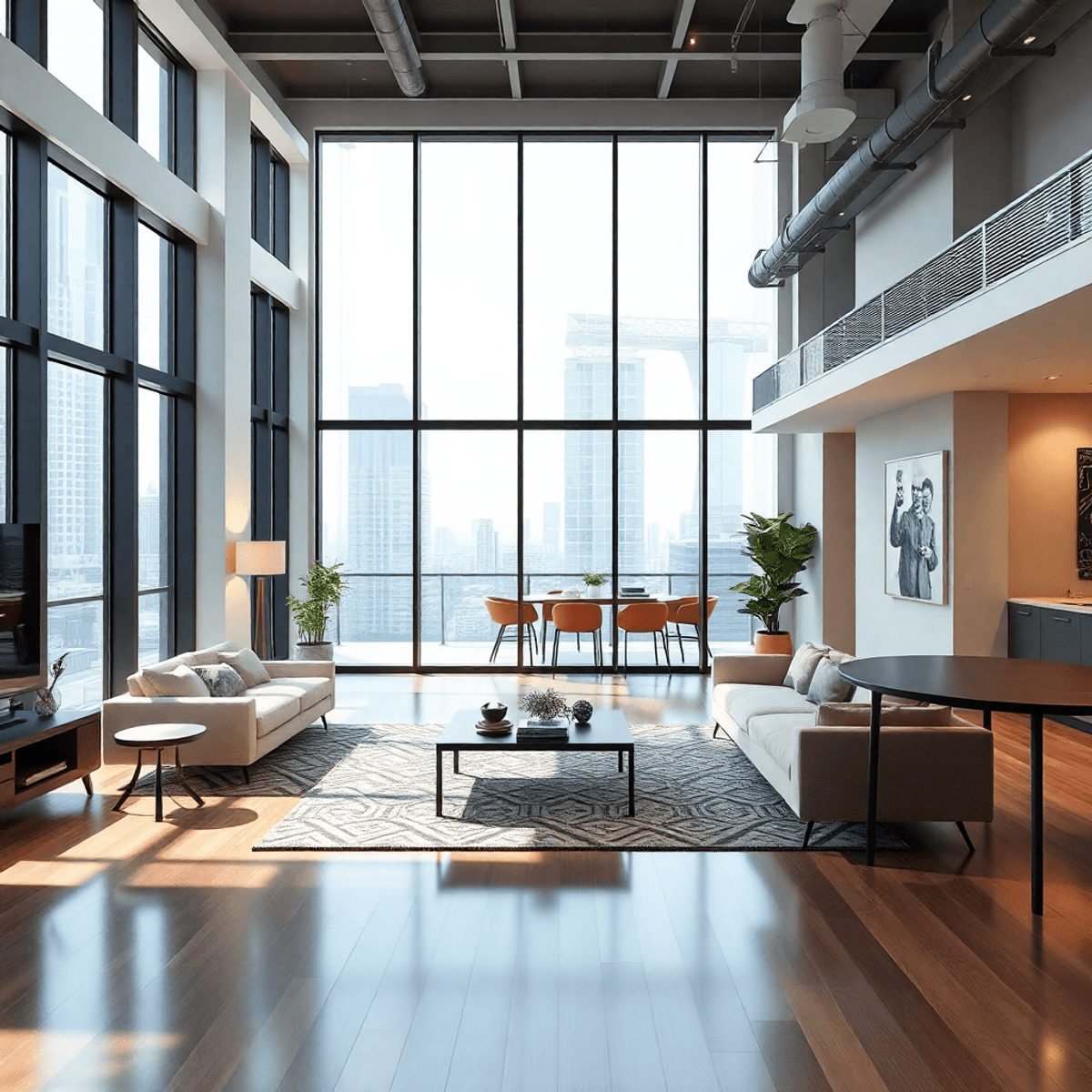 Modern condominium interior featuring an open floor plan, stylish furniture, and contemporary design elements, conveying comfort and urban living appeal.
