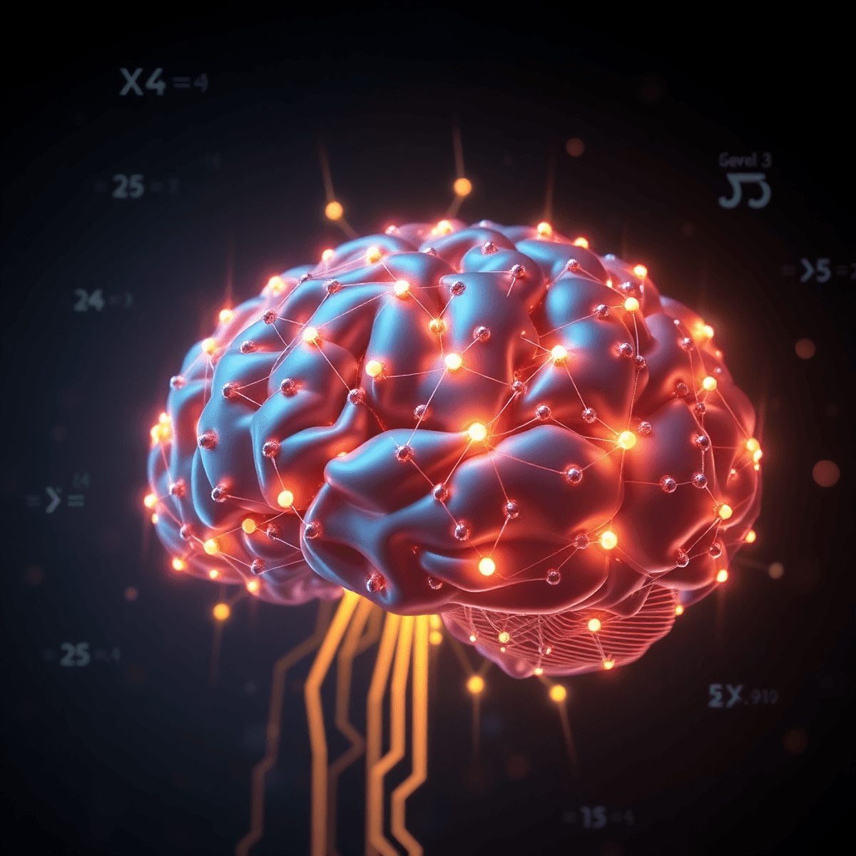 A glowing digital brain with interconnected nodes and circuits, surrounded by floating math symbols and formulas on a dark background.