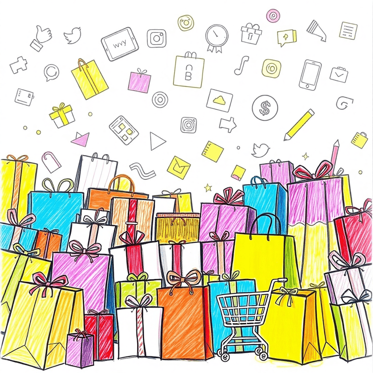 A vibrant pencil drawing of a bustling shopping scene with colorful bags, gift boxes, shopping carts, and mobile devices, highlighting modern online shopping trends.